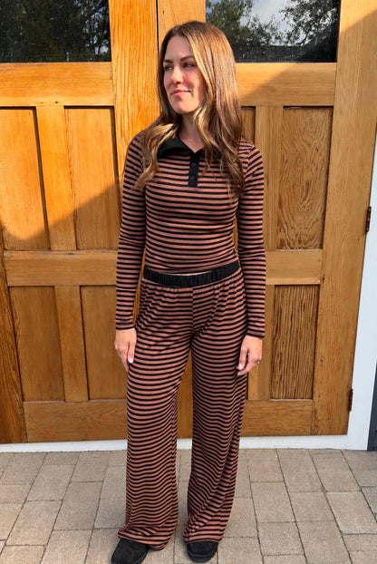 Mocha Espresso Striped Henley Lounge Set