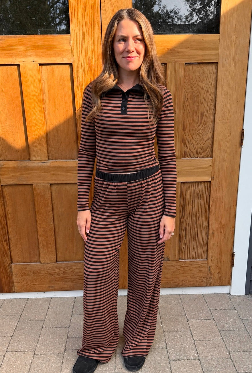 Mocha Espresso Striped Henley Lounge Set
